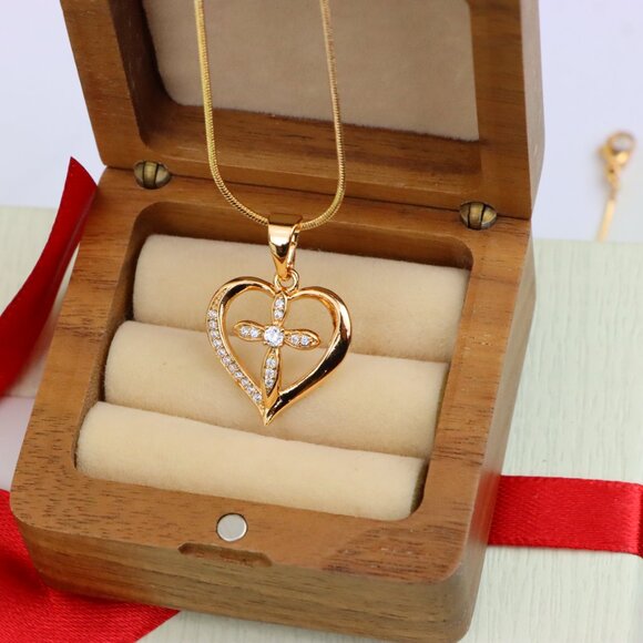 "Heart-Shaped Rose Gold Cross Pendant with Sparkling Accents, XPPT1326 - Picture 7 of 13